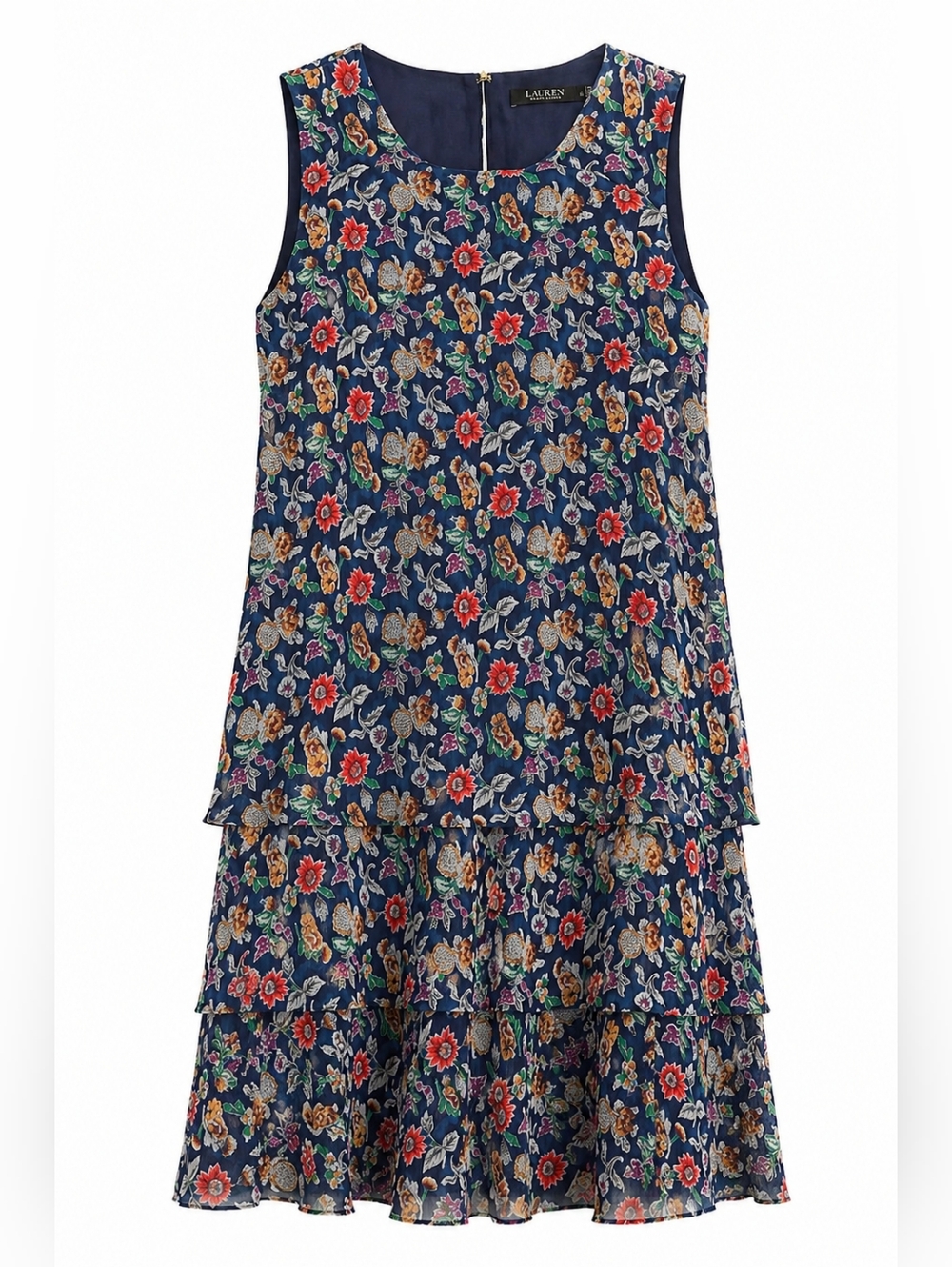 Lauren Ralph Lauren Floral Tiered Shift Dress Size 12 Navy Multicolor Crinkle Ge - Picture 2 of 8